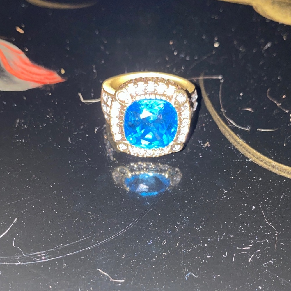 Heidi Daus Blue Crystal and Gold Statement Ring Size 9 (Bracelet not included)
